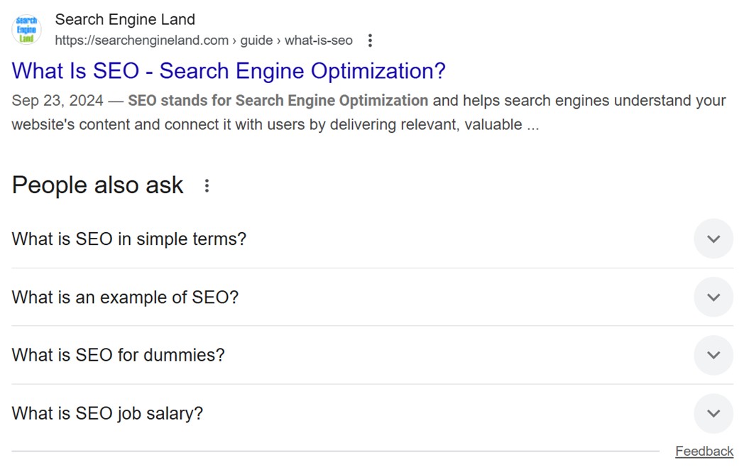 Example of website title and description in Google search results for a search of "What is SEO?"